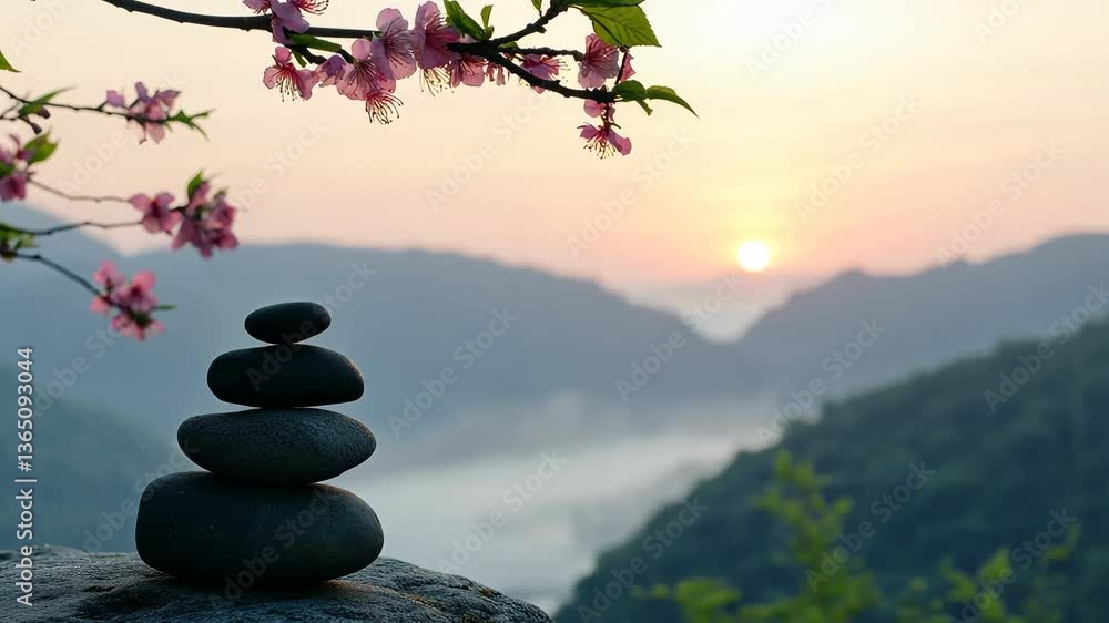 Poster a rock formation with four stones on top of it. the scene is set in a mountainous area with a beauti