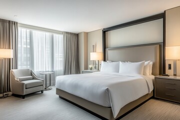 A luxuriously decorated hotel bedroom featuring a comfortable bed and seating