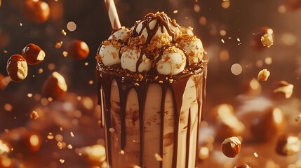 A chocolate hazelnut milkshake with Nutella drizzle and roasted hazelnuts