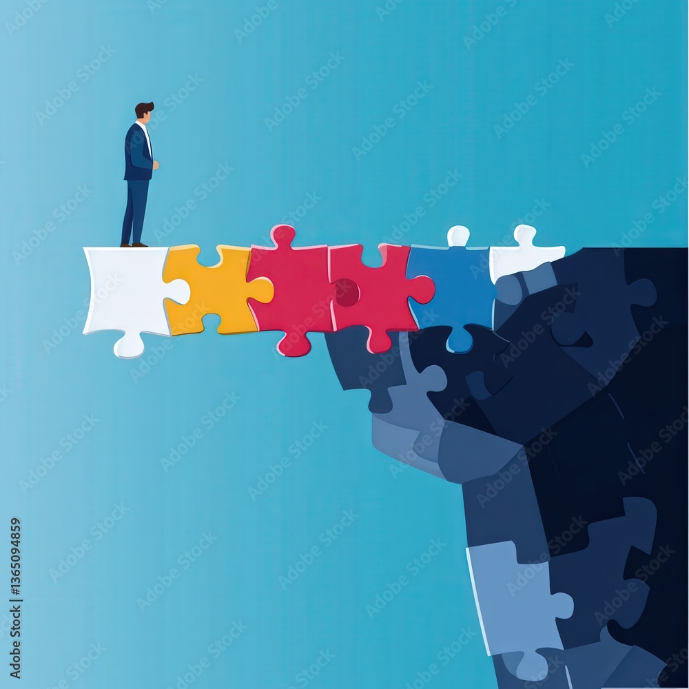Poster a scene of a leader constructing a symbolic bridge of puzzles to achieve goals