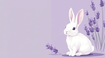 Obraz premium Cute White Rabbit Sitting Near Lavender Flowers on Purple Background