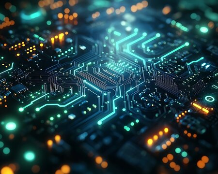 Illuminated circuit board with intricate electronic pathways and glowing lights