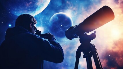 A space scientist analyzing exoplanet atmospheres using advanced telescopes, observatory with telescope and planetary data visible, High-tech style
