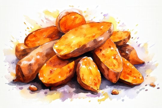 Watercolor illustration of roasted potatoes with splashes of sauce.