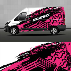 Delivery van vector design. Abstract grunge pink stripes on black background for vehicle wrapping, cargo vans, pickups. Car sticker.
