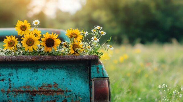 A rustic pickup truck bed filled with sunflowers and daisies, car adorned with flowers