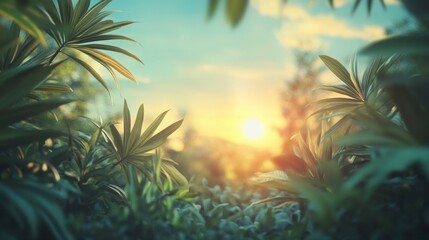 Sunset Through Palm Leaves with Soft Light and Warm Hues