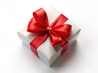High-resolution PNG: a pristine white gift box adorned with a vibrant red bow, perfect for holiday, birthday, or Christmas gifting. Ideal for e-commerce and marketing.