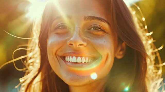 Frau l&auml;chelt gl&uuml;cklich im Sonnenlicht