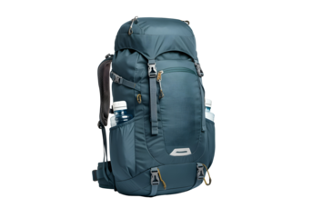 A floating hiking backpack with water bottle pockets, isolated on a solid white background.