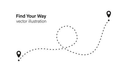 Find Your Way Navigation Vector Illustration. Dashed Path From One Location To Another For Travel Background Print