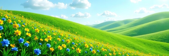 Lush green hill covered in yellow and blue flowers during spring season,  vibrant,  serene
