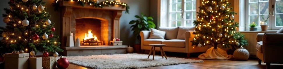 Living room adorned with Christmas trees and decorations on a wooden floor,  cozy,  living room