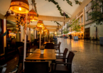 Blurry Interior Of A Cozy Cafe In A Trade Center, Out Of Focus