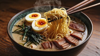 A steaming bowl of ramen features perfectly cooked noodles, sliced meats, and soft-boiled eggs. The rich broth invites diners to enjoy this comforting meal at a rustic table