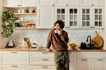 Curly-haired student enjoying a warm drink in a cozy modern kitchen
