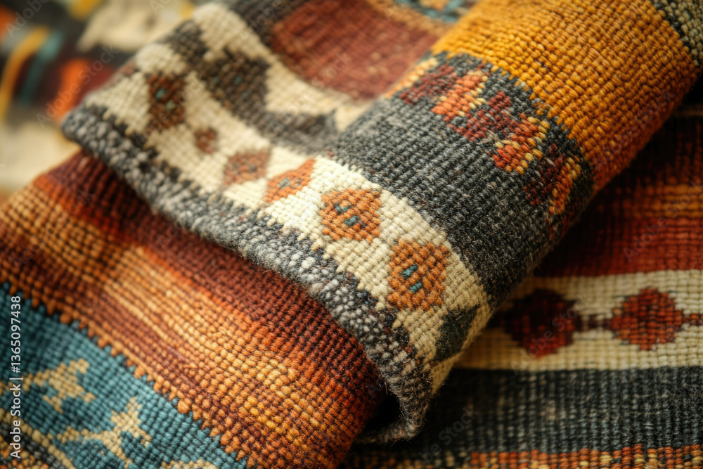 Poster close-up view of intricately woven rugs, showcasing rich colors and patterns.