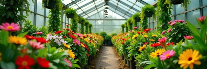 Lush greenhouse filled with a colorful array of flowers and edible plants, showcasing the beauty and importance of biodiversity for pollination,  colorful,  vibrant