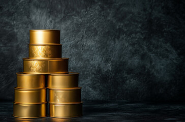 Opulent stack of luxurious metallic gold food tins arranged perfectly on a sleek modern display