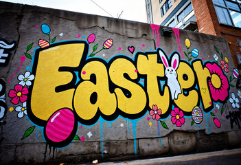 yellow graffiti that says “Easter” with a rabbit, Easter eggs and flowers