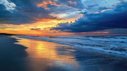 Fototapeta premium Emerald Isle North Carolina Dusk Beach Scene: Crystal Coast Bogue Banks Waves and Clouds in Orange and Blue