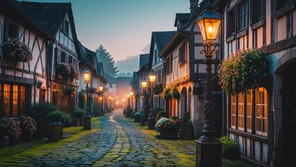 Obraz premium Early morning light casts a warm glow on a quaint village street lined with half-timbered houses and blooming flower boxes. Lanterns illuminate the cobblestone path