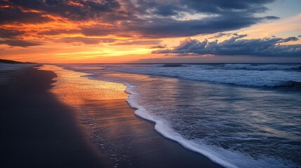 Emerald Isle North Carolina Dusk Beach Scene: Crystal Coast Bogue Banks Waves, Clouds in Orange and Blue Dusk Light