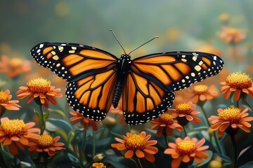 Fototapeta premium Monarch Butterfly Resting Gracefully Among Vibrant Flowers Under a Twinkling Night Sky Adorned With Purple Stars