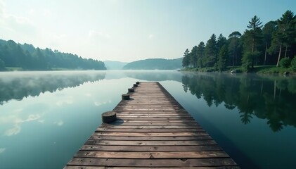 Fototapeta premium Lonely wooden dock stretching out into calm lake surrounded by trees, getaway, atmosphere