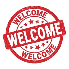 WELCOME text written on red round stamp sign.