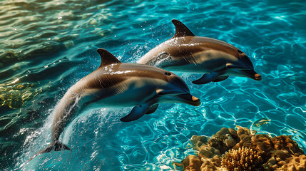Obraz premium Dolphins playing in crystal-clear water