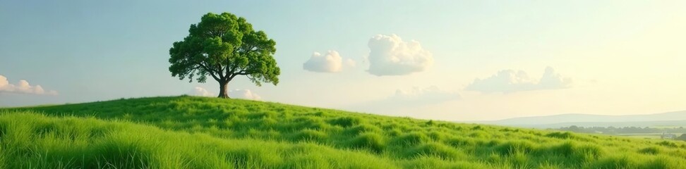 Fototapeta premium Lone tree dominating grassy knoll, serene landscape, picturesque, peaceful
