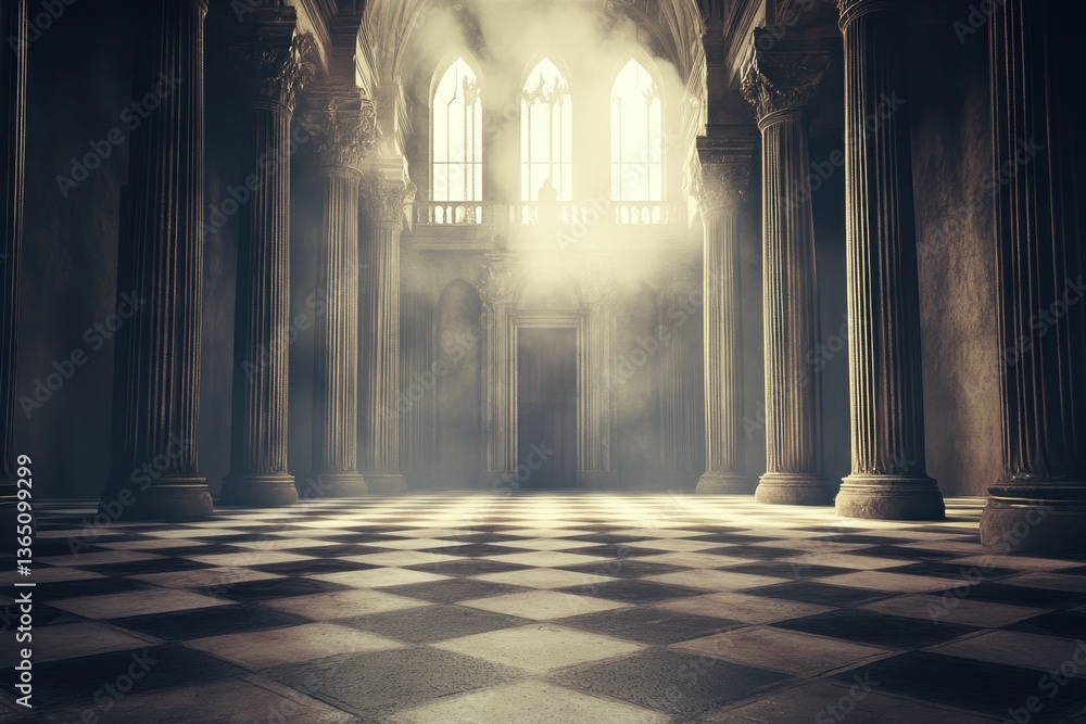Aufkleber mysterious light fills an ancient hall with tall columns and a checkered floor