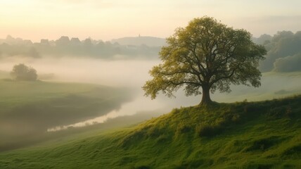 Fototapeta premium Solitary Tree on Misty Hill at Sunrise