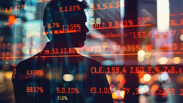 Gesch&auml;ftsmann in Datenlandschaft mit Zahlenprojektionen