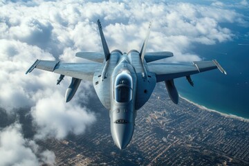F 18 Maverick Top Gun Aircraft Flying over San Diego, California, Military Aerospace Defense Jet in Action