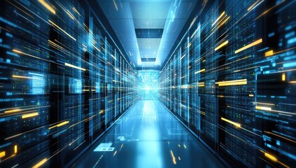 High-tech server room with futuristic data flow
