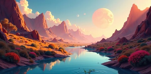 Illustration of Martian landscape with flowing water, lush vegetation, and colorful skies,  potential,  colorful