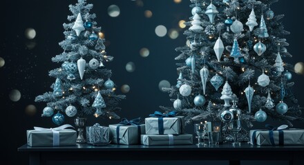 Elegant Blue Silver Christmas Trees with Gifts Festive Decor Winter Holiday Scene