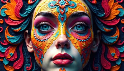 Geometric face pattern on textile, intricate design, tone, mask, artwork