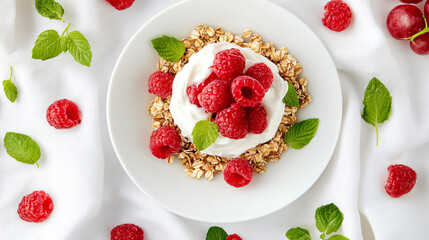 A Refreshing Treat: Top-down view of a gourmet breakfast featuring granola, creamy yogurt, and fresh raspberries, garnished with vibrant mint leaves