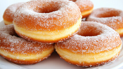 Sweet Doughnut Delight: An appetizing visual of freshly made, sugary doughnuts.