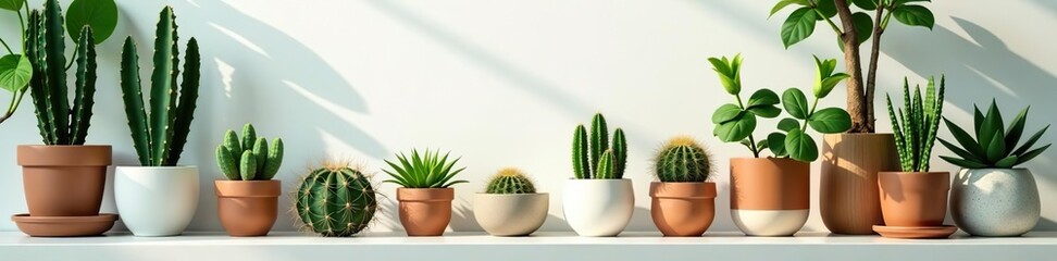 Obraz premium Modern interior with a variety of potted cactus, succulents, and tropical plants, perfect for home or office decor, Succulent, Cactus