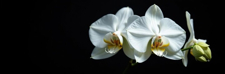 Graceful white orchids on black background, showcasing elegance beauty delicate flowers soft petals contrasting details nature artistry,  contrasting,  nature