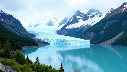 Image of majestic glacier in Glacier National Park with snow-capped mountains and pristine blue lake in the foreground,  exploration,  wild