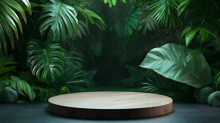 Obraz premium Lush Tropical Jungle Leaves Background with Wooden Display Platform