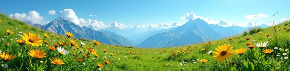 Fototapeta premium Lush alpine meadow with vibrant wildflowers and tall grasses under a clear blue sky, showcasing vast blue landscapes, blue sky, grasses