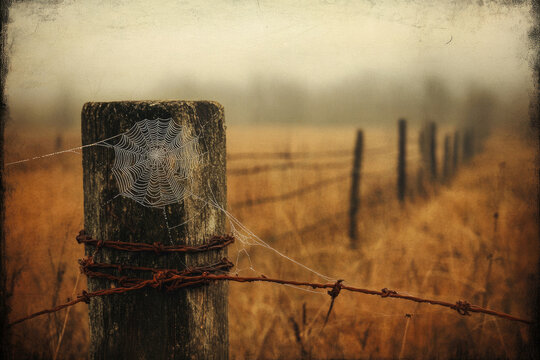 A dewy spiderweb delicately draped on a rustic wooden fence post in a misty field. - Powered by Adobe