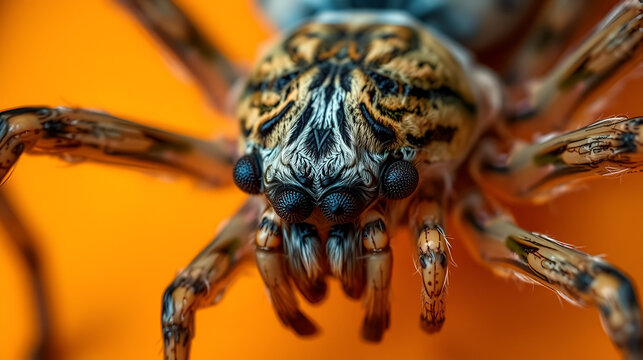 Super detailed macro photography of the head of a spitting spider specimen, Scytodes globula on an orange background