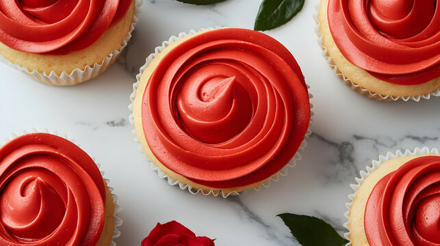 Red Velvet Cupcakes with Swirled Frosting on Marble Background